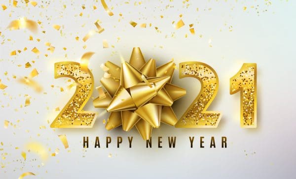 2022 Happy New Year vector background with golden gift bow, confetti, shiny glitter gold numbers. Christmas celebrate design. Festive premium concept template for holiday